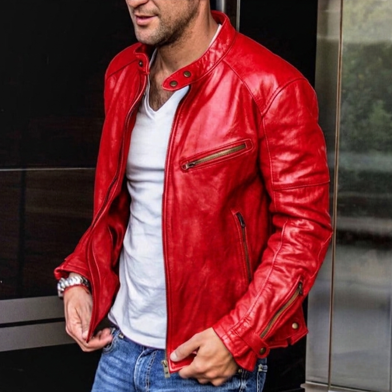 Sleek men's slim fit jacket, perfect for a modern casual style, featuring a snap collar & convenient zip pockets.