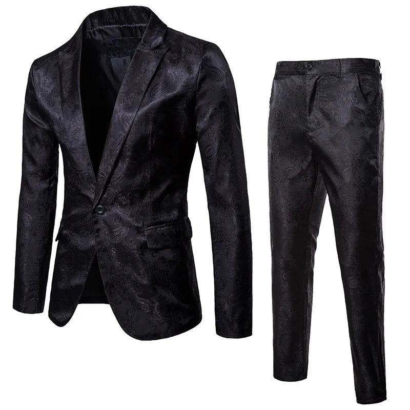 Men's slim fit jacquard suit set, two-piece formal blazer and trousers for elegant evening wear.
