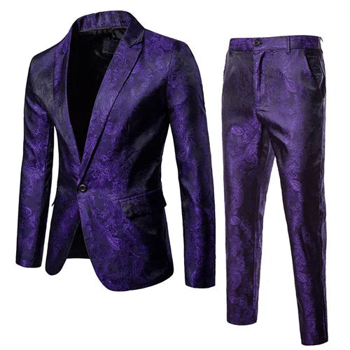 Elegant men's jacquard slim fit blazer and matching dress trousers, ideal for formal occasions.