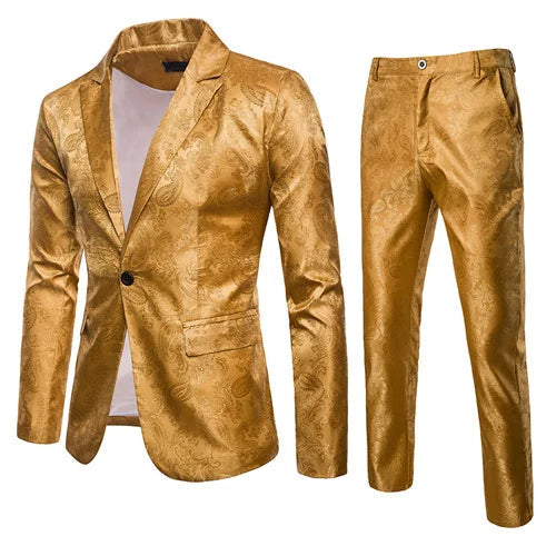 Sophisticated men's two-piece slim fit jacquard suit, a stylish choice for formal events and guests.