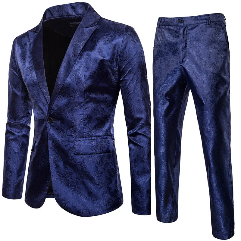 Complete men's elegant jacquard formal suit set: a slim fit blazer and coordinating dress trousers.