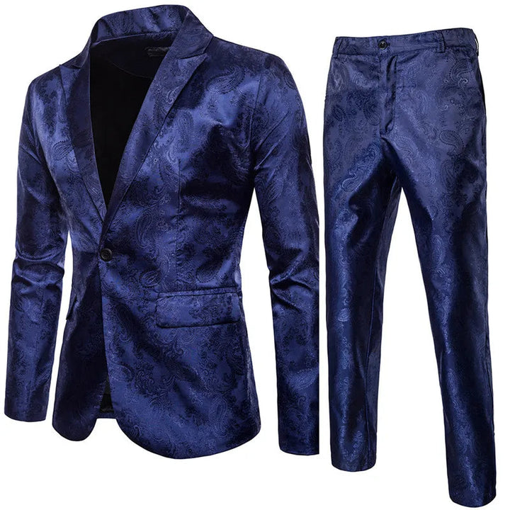 Complete men's elegant jacquard formal suit set: a slim fit blazer and coordinating dress trousers.