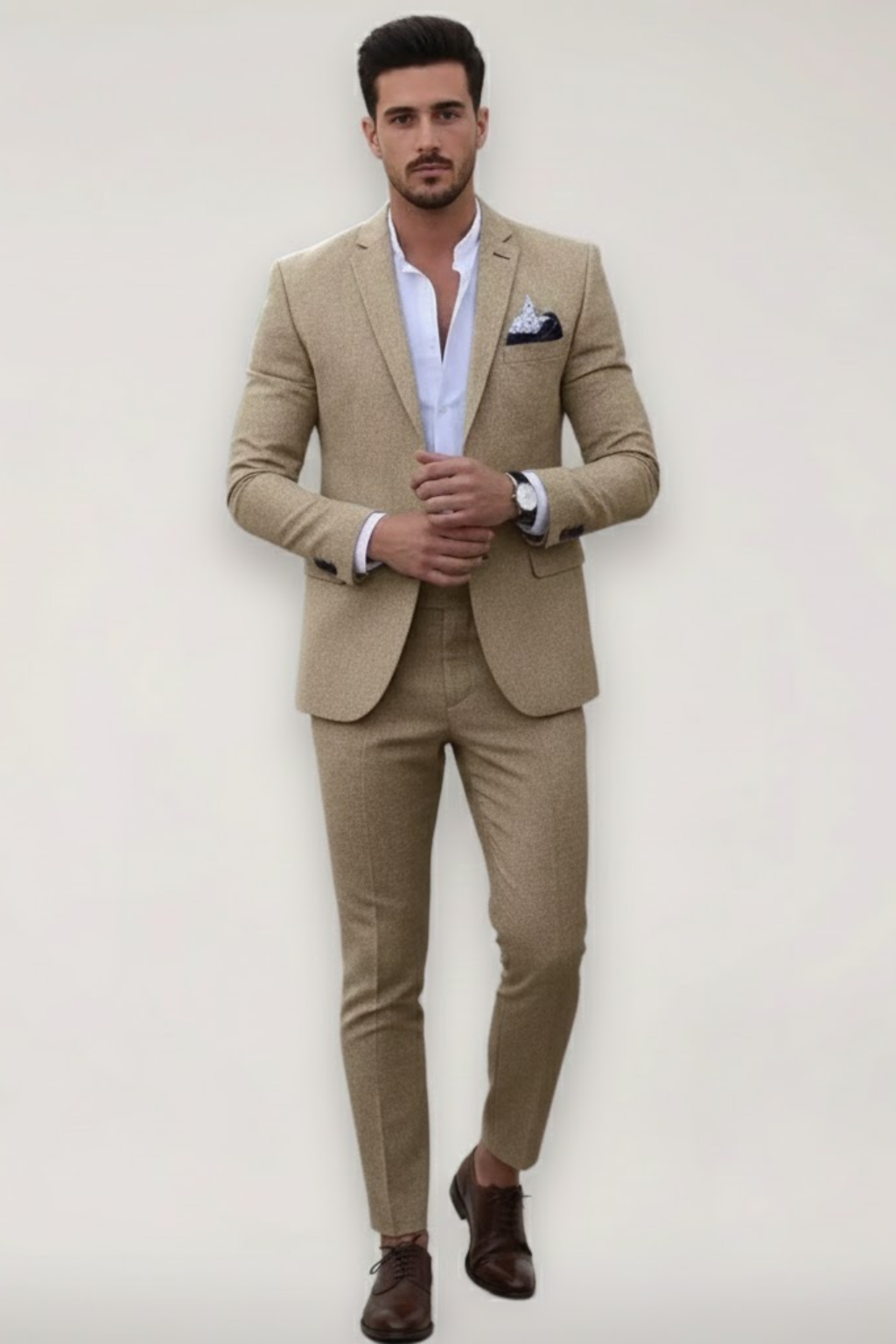 Men's slim fit khaki spring suit, perfect for formal events or business attire, two-piece wedding suit.
