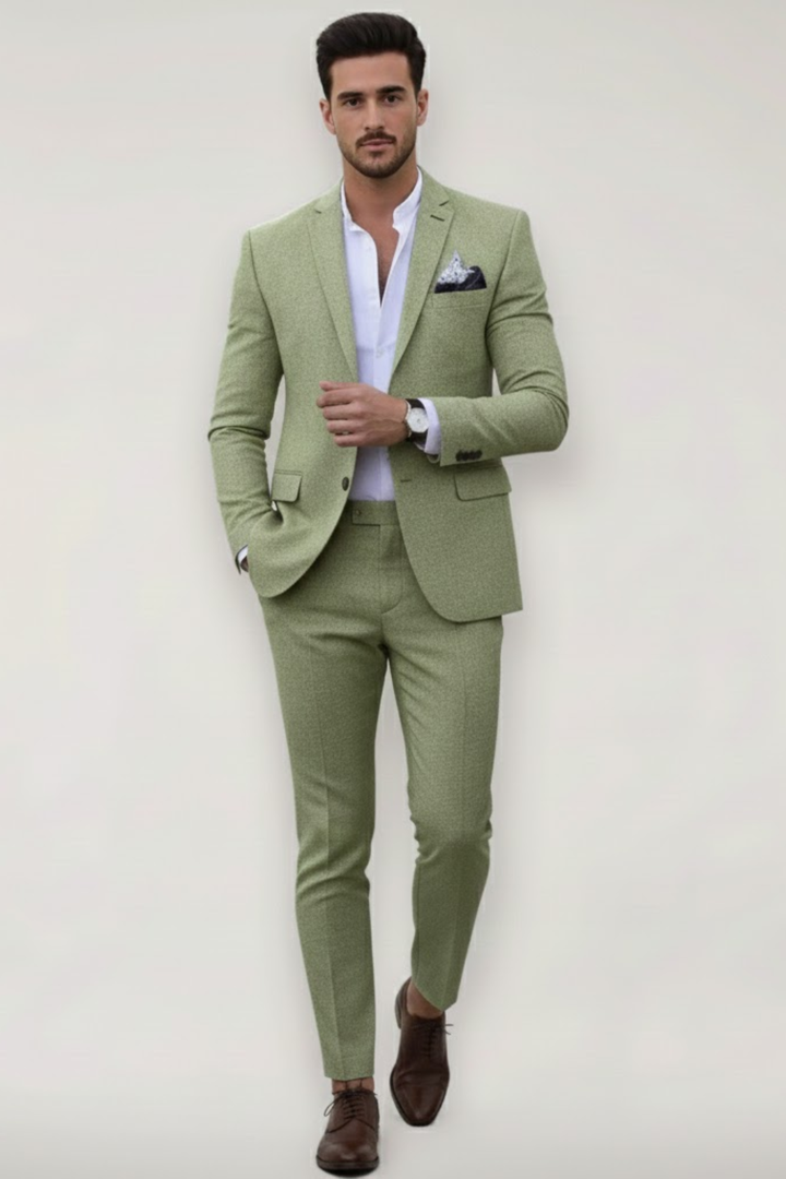 Men's slim fit light green spring suit set, ideal for formal wear, business attire or wedding guest.