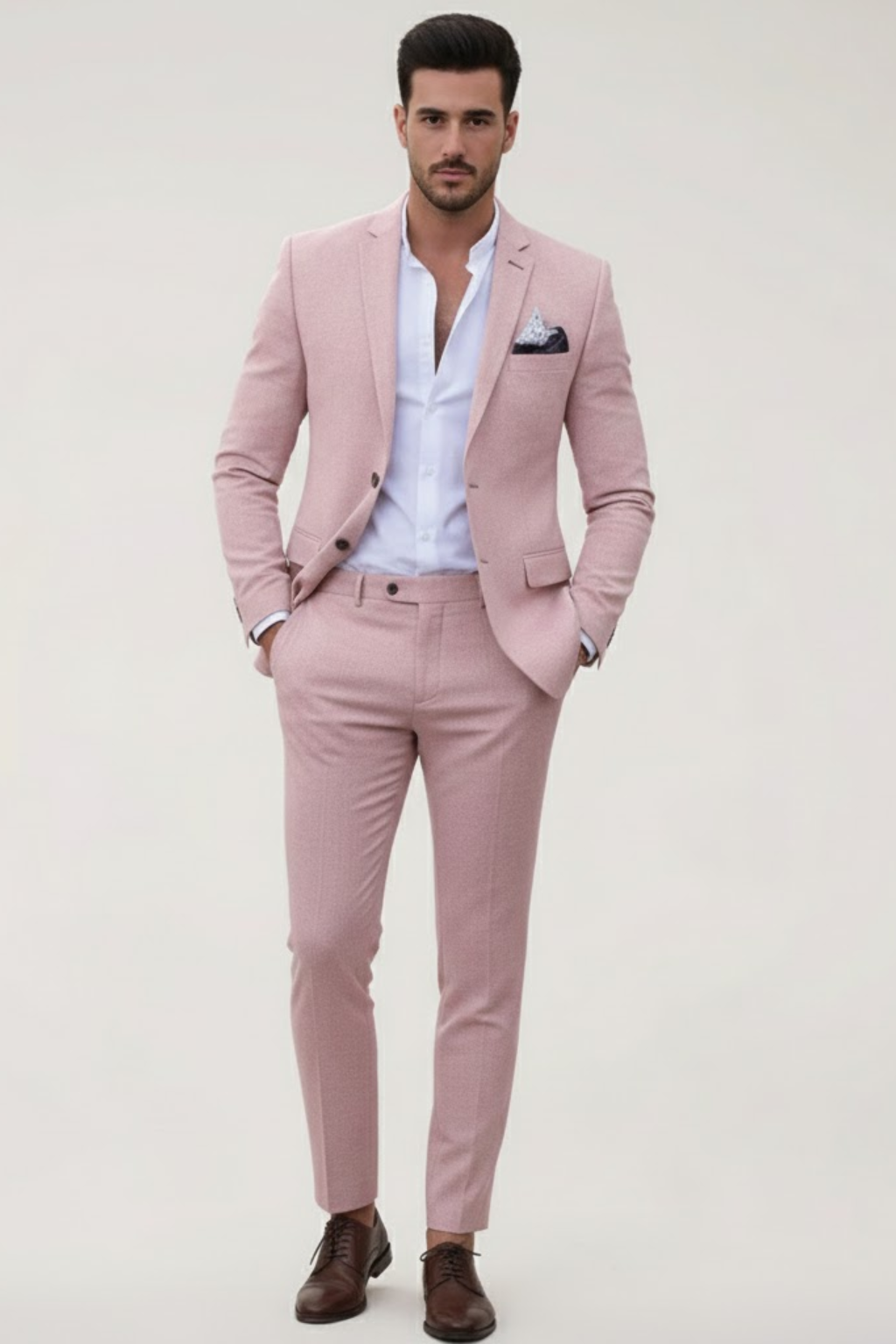 Men's slim fit pink spring suit, a stylish two-piece formal wear option for weddings or special events.