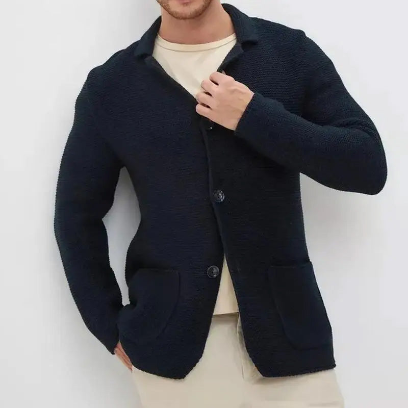 Men's slim fit knit cardigan with turn-down collar, button front, in a stylish polyester blend