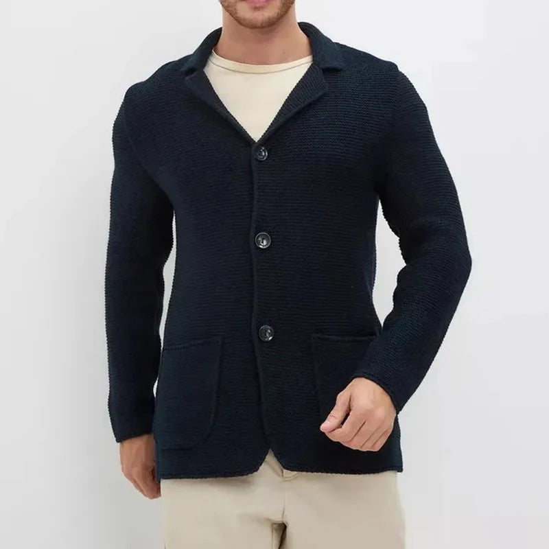 Casual men's slim fit knit cardigan in a polyester blend, featuring a turn-down collar