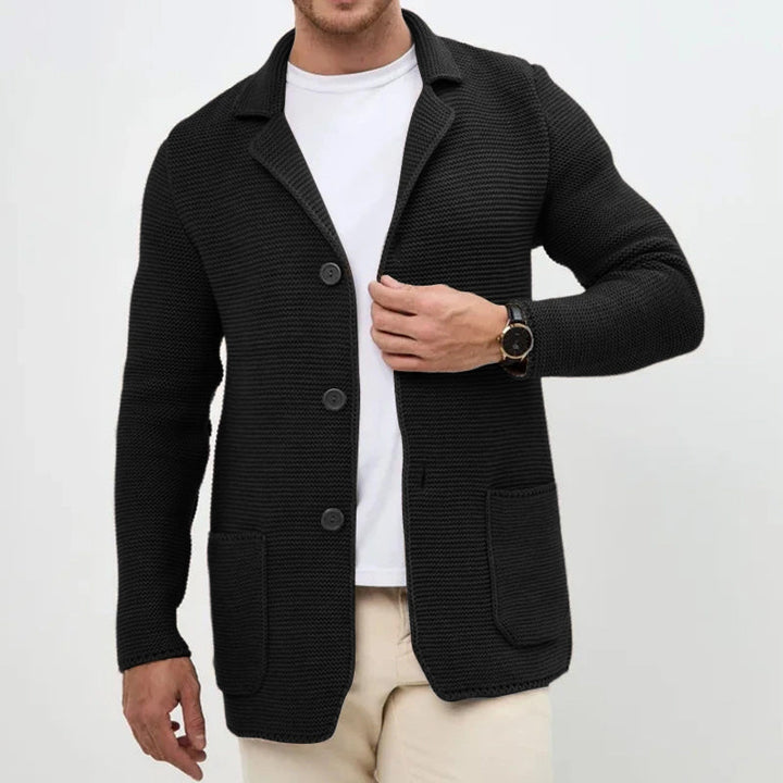 Layered clothing for men: slim fit knit cardigan in a polyester blend, turn-down collar