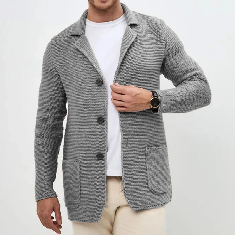 Button front slim fit men's cardigan made from a comfortable polyester blend knitwear