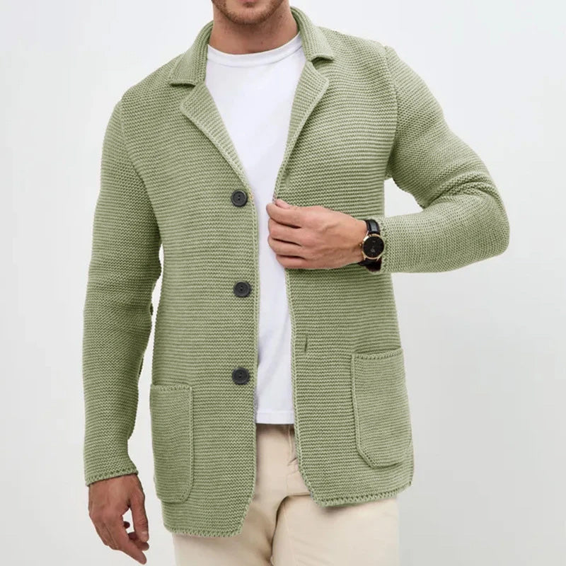 Close-up of a men's slim fit knit cardigan with a turn-down collar and visible buttons