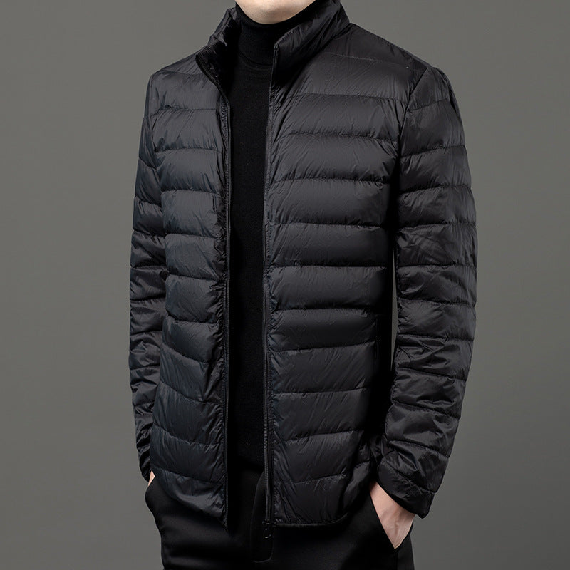 Stylish men's slim-fit puffer jacket. Lightweight outerwear for casual fall fashion & everyday wear.