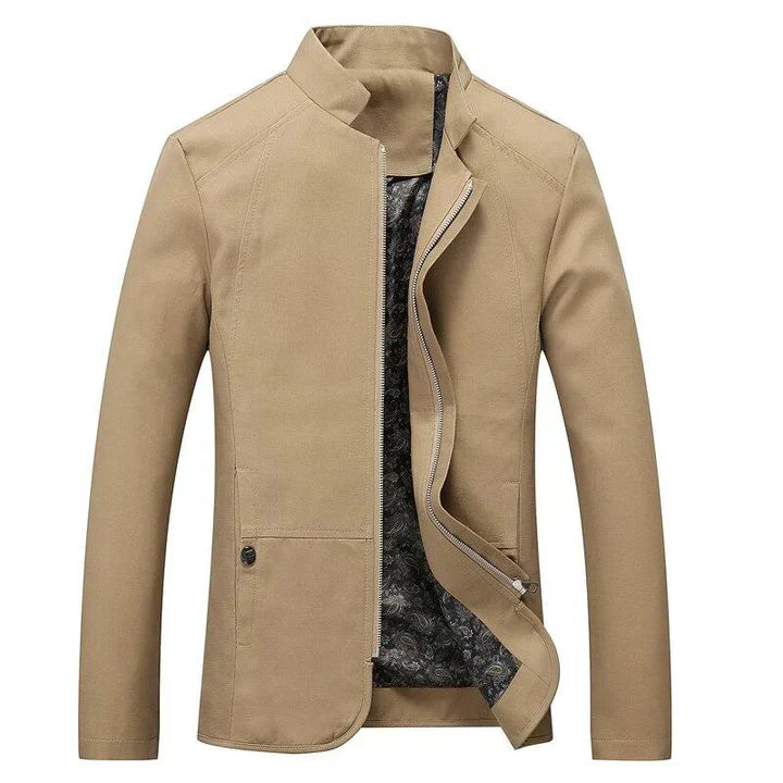 Stylish men's lightweight band collar jacket, slim-fit and zip-up for casual everyday outerwear.