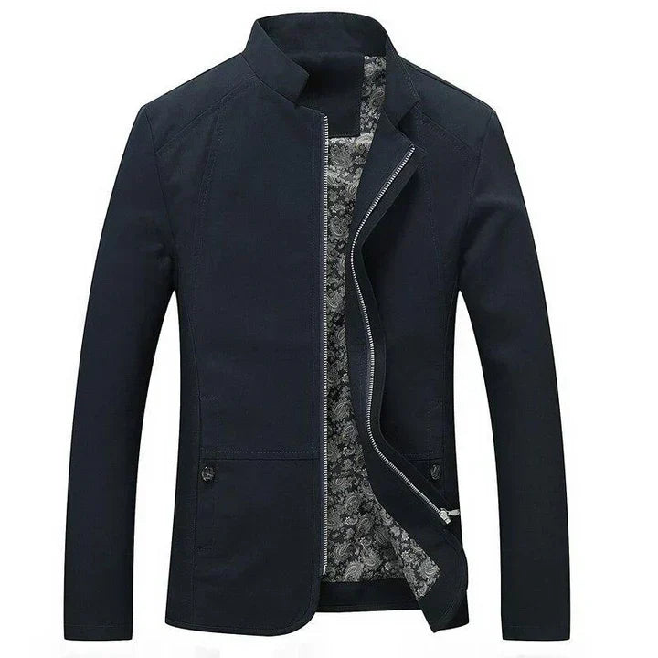 Modern men's slim-fit lightweight jacket with a zip-up front and band collar, excellent for casual outfits.