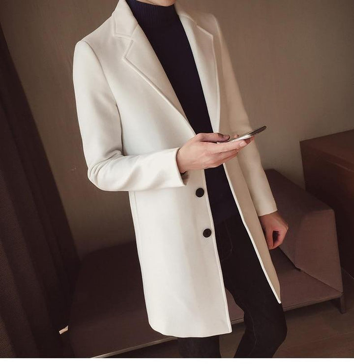 Men's slim fit long overcoat in classic style. Elegant formal outerwear, perfect for business or smart casual.