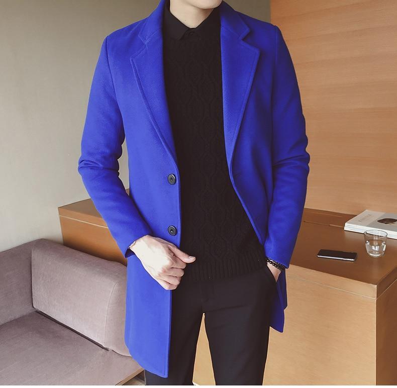 Side view of tailored men's long overcoat. Slim fit silhouette, professional & elegant for formal attire.