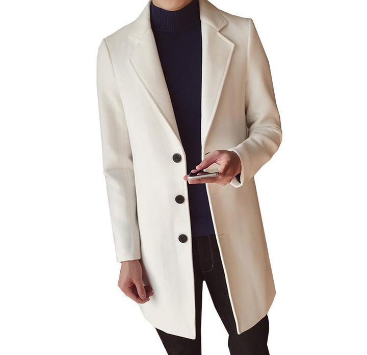 Textured men's slim fit long overcoat. Elegant classic style, perfect for professional formal outerwear.