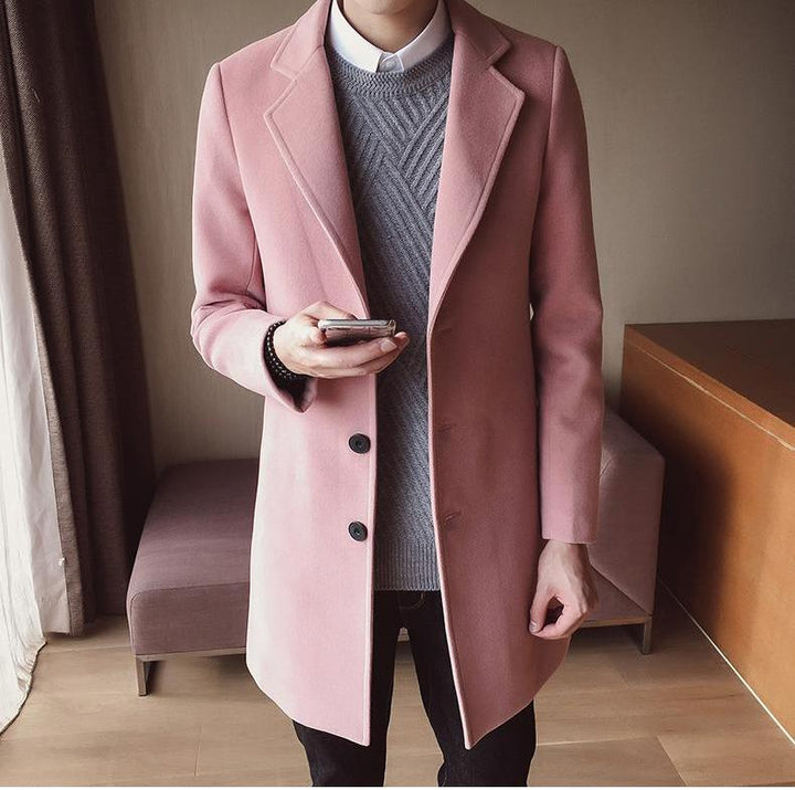 Modern classic men's slim fit long overcoat. Stylish formal outerwear for contemporary men's fashion.