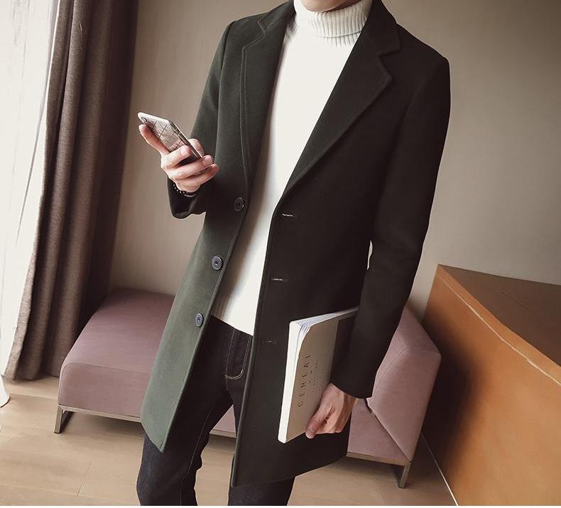 Front view of men's slim fit long overcoat. Elegant, classic design for formal business or smart casual wear.