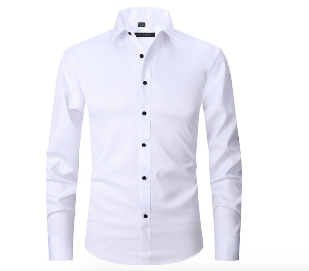 Modern men's slim-fit dress shirt with long sleeves, perfect for contemporary business fashion and formal events.