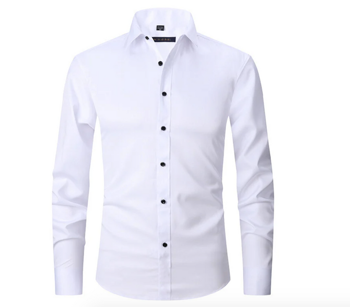 Modern men's slim-fit dress shirt with long sleeves, perfect for contemporary business fashion and formal events.