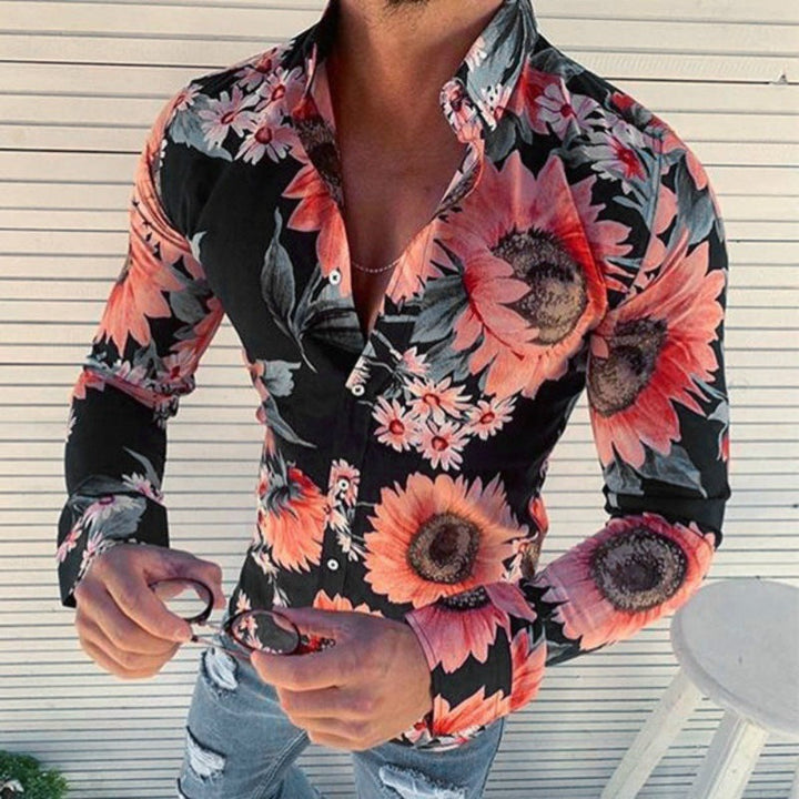 Men's slim fit long sleeve floral print shirt for casual & party wear. Modern button-up design.