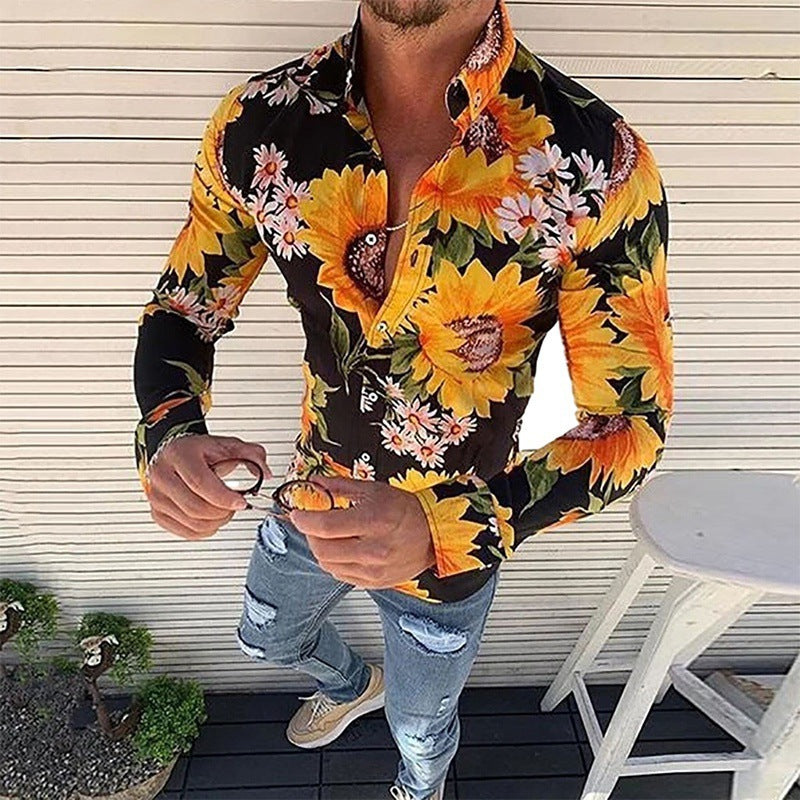 Slim fit men's long sleeve floral print shirt, perfect for a stylish modern look at parties or casually.