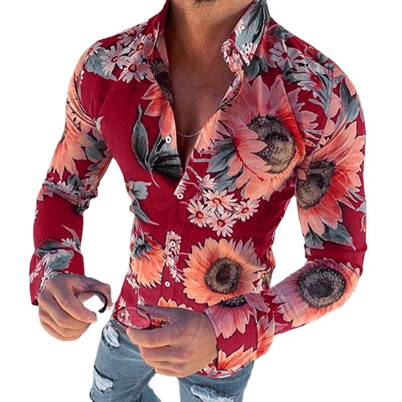 Unique design men's long sleeve floral print shirt, modern button-up for stylish casual & party wear.