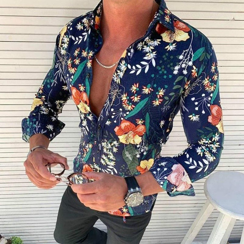 Close-up of stylish men's floral print shirt fabric, showcasing unique vibrant pattern.