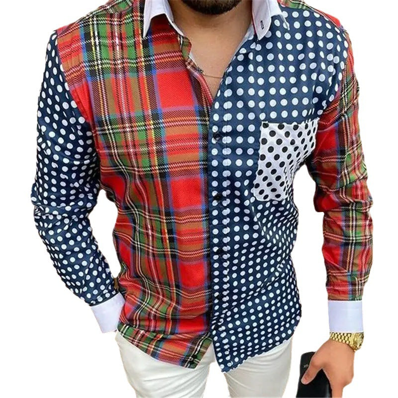 Back of men's long sleeve floral print shirt, highlighting slim fit & unique design. Casual party wear.