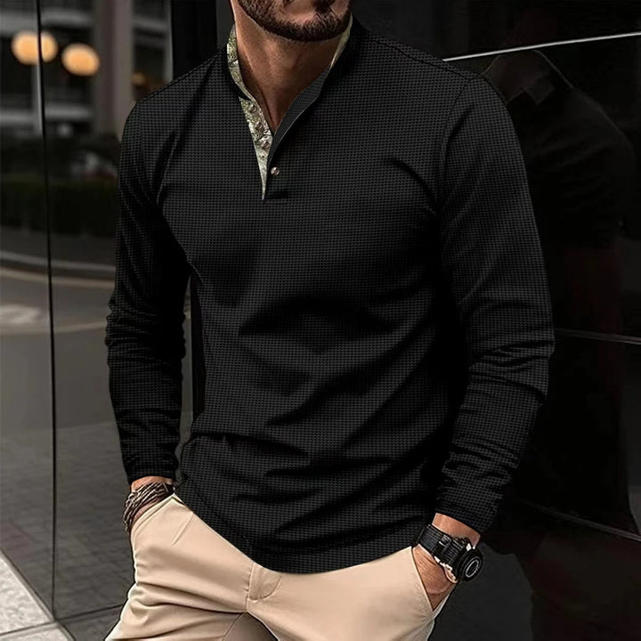 Men's slim-fit long sleeve Henley shirt with mandarin collar, perfect for casual modern style.