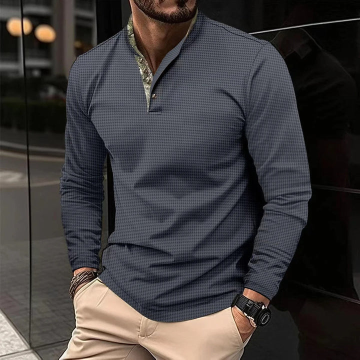 Fashionable men's slim-fit long sleeve Henley top, versatile for casual outfits, modern design.