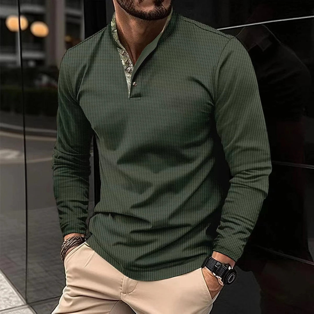 Casual men's long sleeve Henley shirt, slim fit design, a versatile modern top for men's fashion.