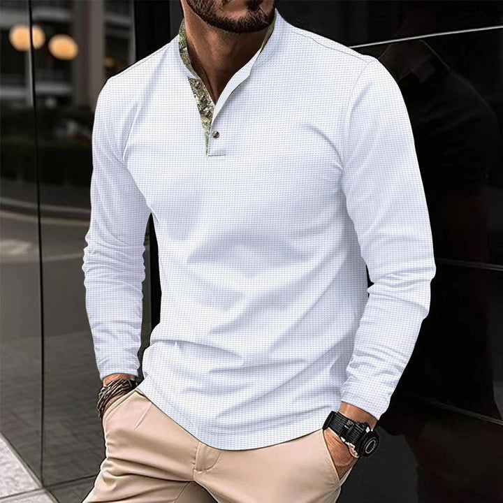 Modern men's slim-fit long sleeve Henley shirt, casual top with a mandarin collar, men's fashion.