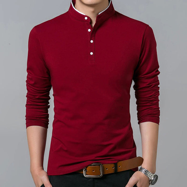 Stylish men's long sleeve polo with mandarin collar. Slim-fit design, perfect for modern casual & office fashion.