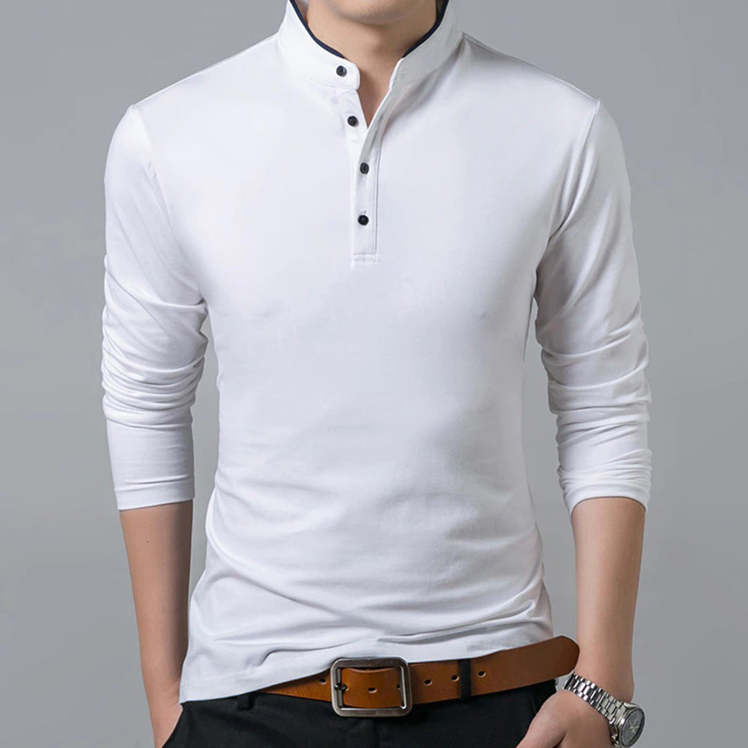 Versatile men's slim-fit long sleeve polo shirt, ideal for stylish men, casual wear & smart office looks.