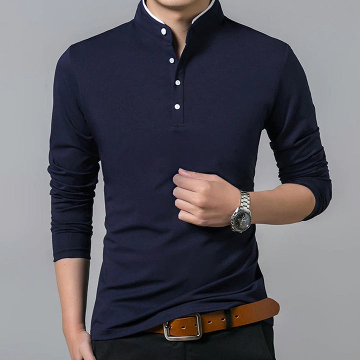 Modern men's slim-fit long sleeve polo shirt, offering refined style and comfort for all day wear & fashion.