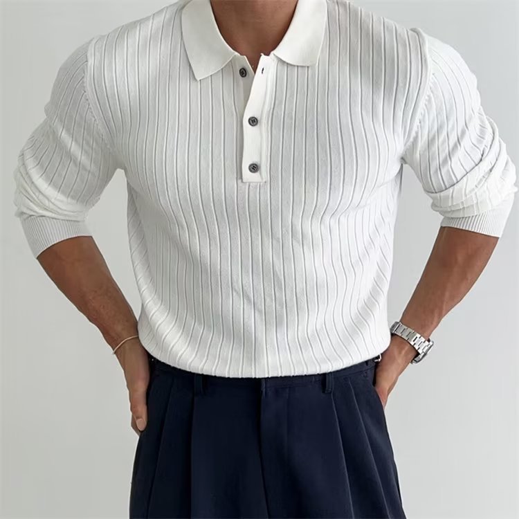 Men's slim fit long sleeve ribbed polo shirt. Perfect for versatile casual or dressy fall & winter fashion.