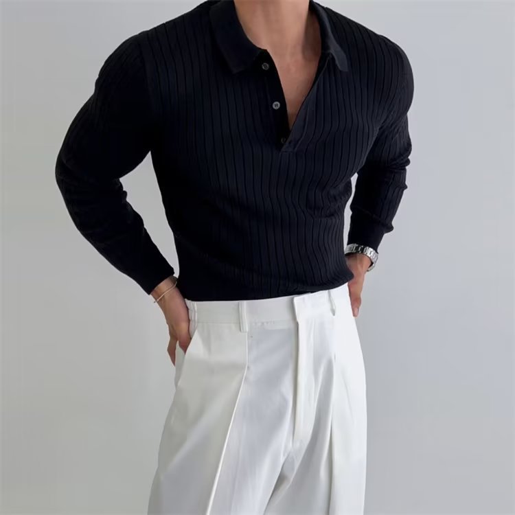 Ribbed texture men's long sleeve polo shirt. Slim fit casual top, ideal for men's fall/winter fashion.
