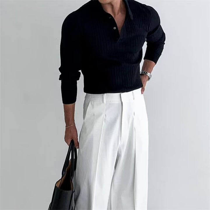 Versatile men's slim fit long sleeve polo. Ribbed shirt for dressy casual or everyday fall & winter wear.