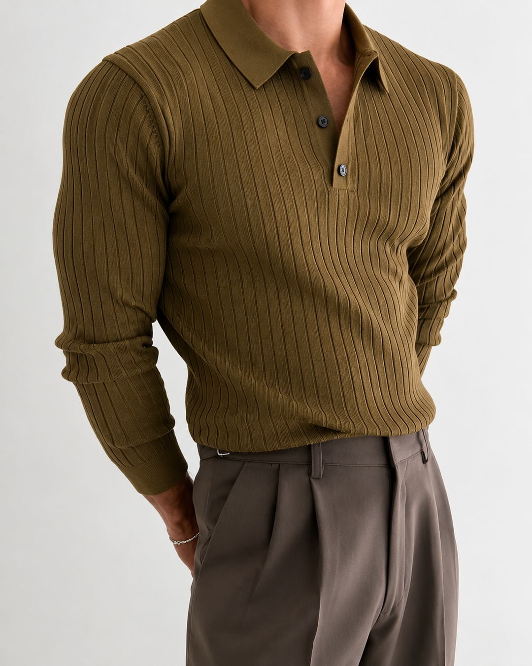 Stylish men's long sleeve slim fit polo shirt. Ribbed texture offers a modern casual or dressy look for men.