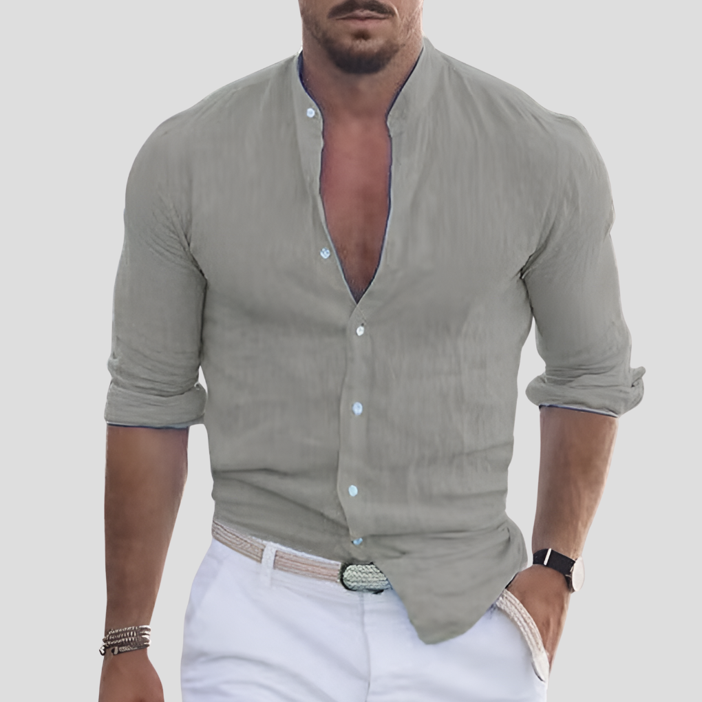 Front view of a crisp men's slim fit shirt featuring a modern mandarin collar, great for casual wear