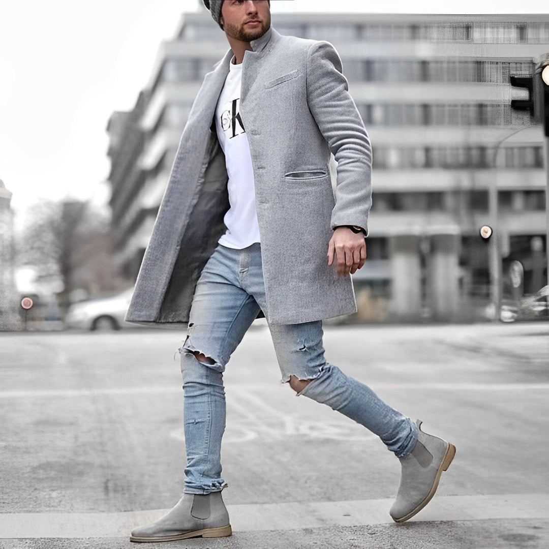 Men's slim-fit mid-length overcoat with stand collar, ideal for stylish formal or casual fall/winter.