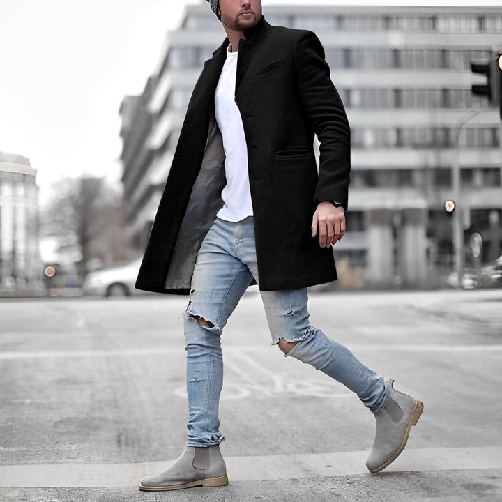 Elegant men's mid-length overcoat, slim-fit with a stand collar. Versatile outerwear for winter & fall.