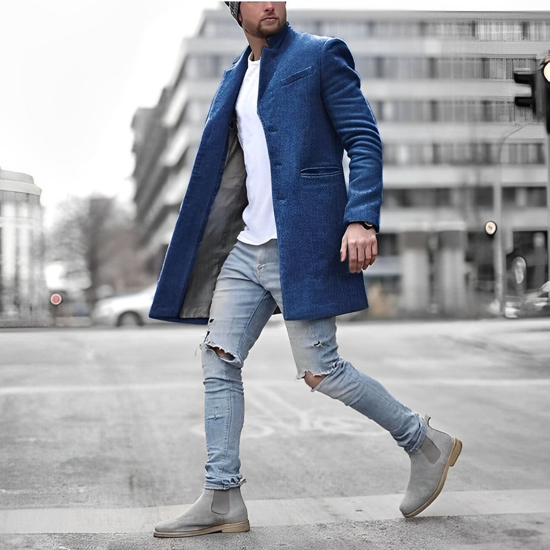Stylish men's slim-fit overcoat, mid-length design featuring a modern stand collar for fall and winter.