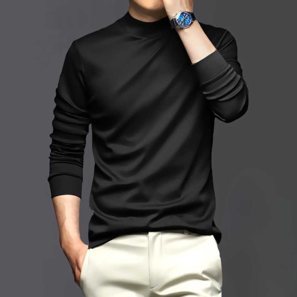 Men's slim-fit mock neck long sleeve top in black for modern casual style.