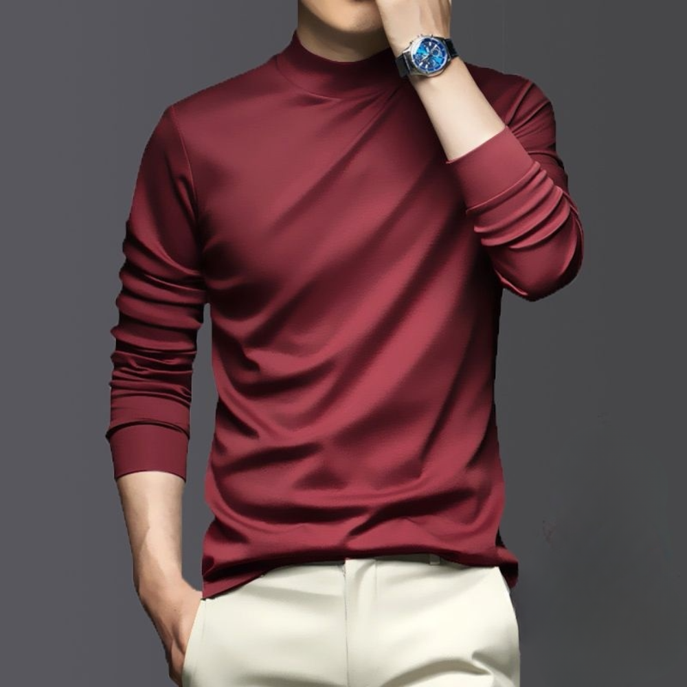 Versatile men's long sleeve mock neck top, slim fit, perfect as a layering piece or casual wear.