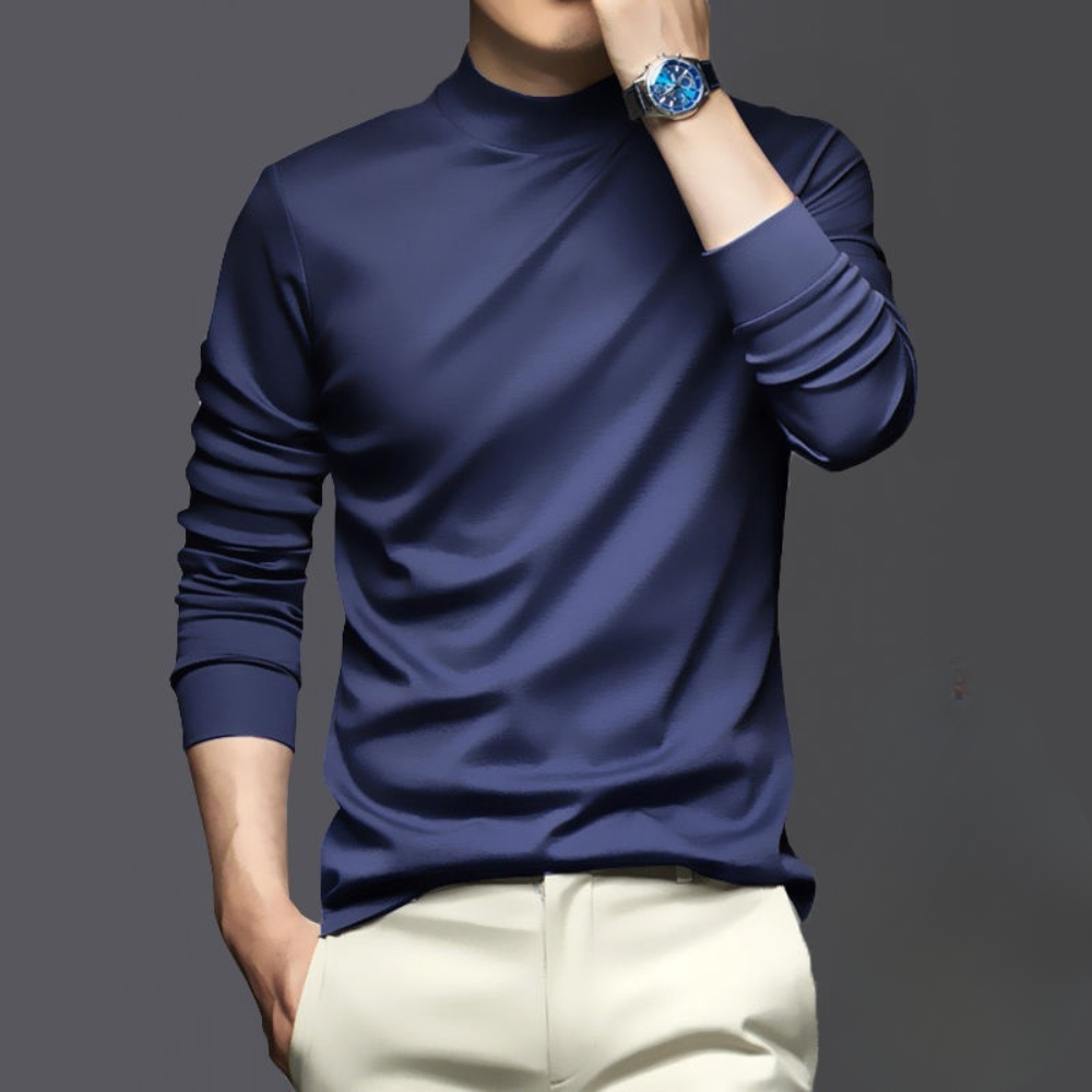 Comfortable men's slim-fit long sleeve mock neck t-shirt, ideal for a sleek, modern look.