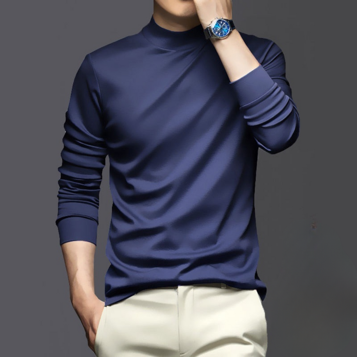 Comfortable men's slim-fit long sleeve mock neck t-shirt, ideal for a sleek, modern look.