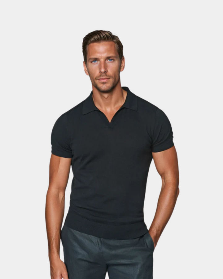 Men's slim fit polo shirt, short sleeve, smart casual top for a sleek and modern men's fashion look.