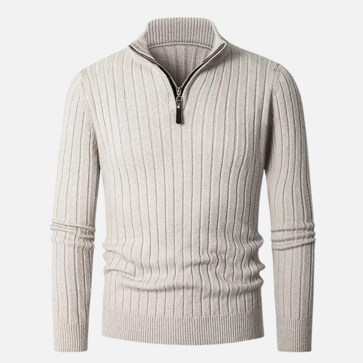 Men's slim fit quarter zip sweater with stand collar, ideal for modern layering and comfort.